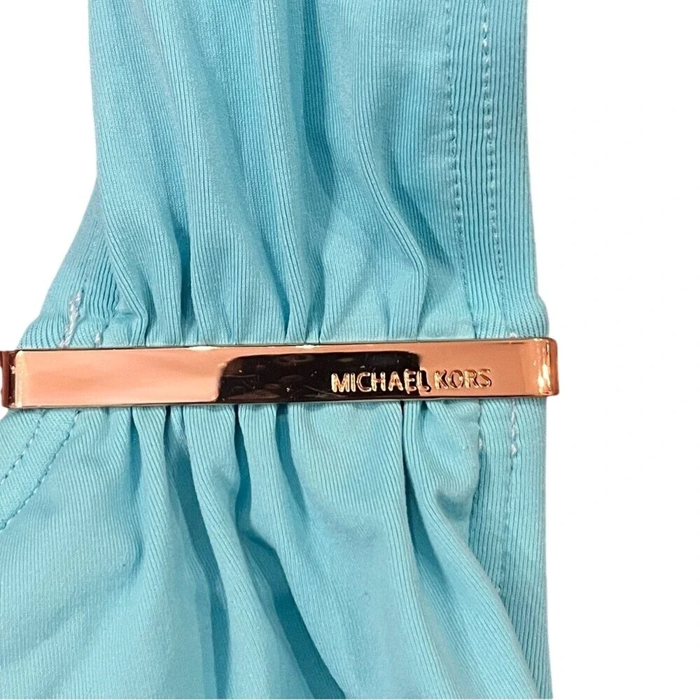 Michael Kors One Shoulder One Piece Swimsuit Turquoise Blue Gold Logo‎ Sz 6